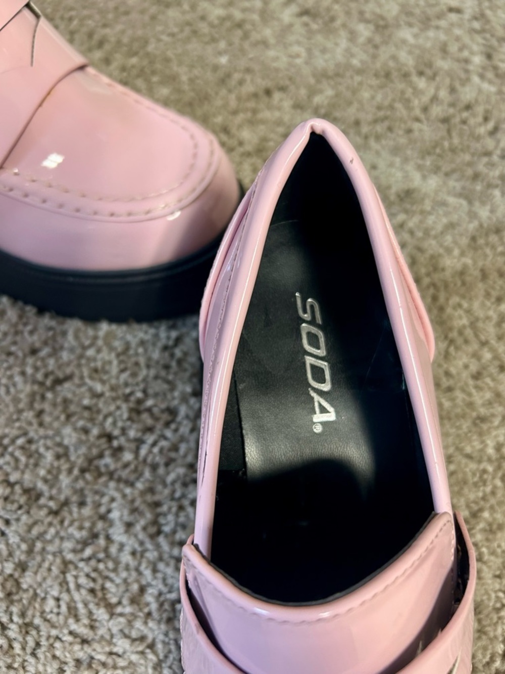 Soda Pink Patent Platform Loafers with Black Lug Sole - Picture 3 of 3